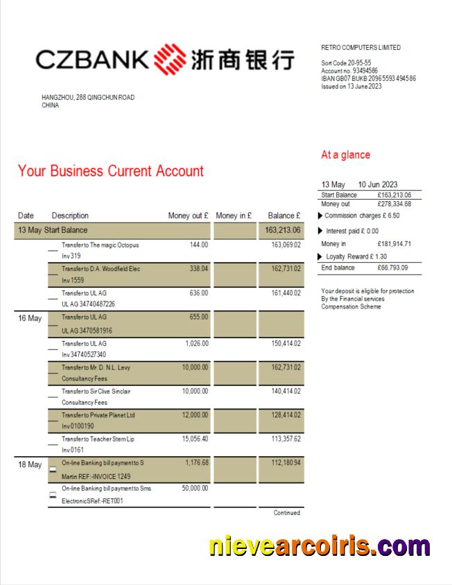 China Zheshang Bank business bank statement